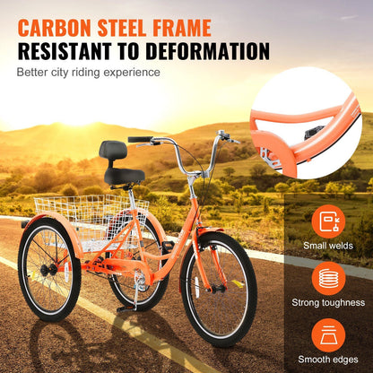 VEVOR Adult Tricycles Bike, 26 Inch Three - Wheeled Bicycles, 3 Wheel Bikes Trikes, Carbon Steel Cruiser Bike with Basket & Adjustable Seat, Picnic Shopping Tricycles for Seniors, Women, Men (Orange) - 7DAY'S