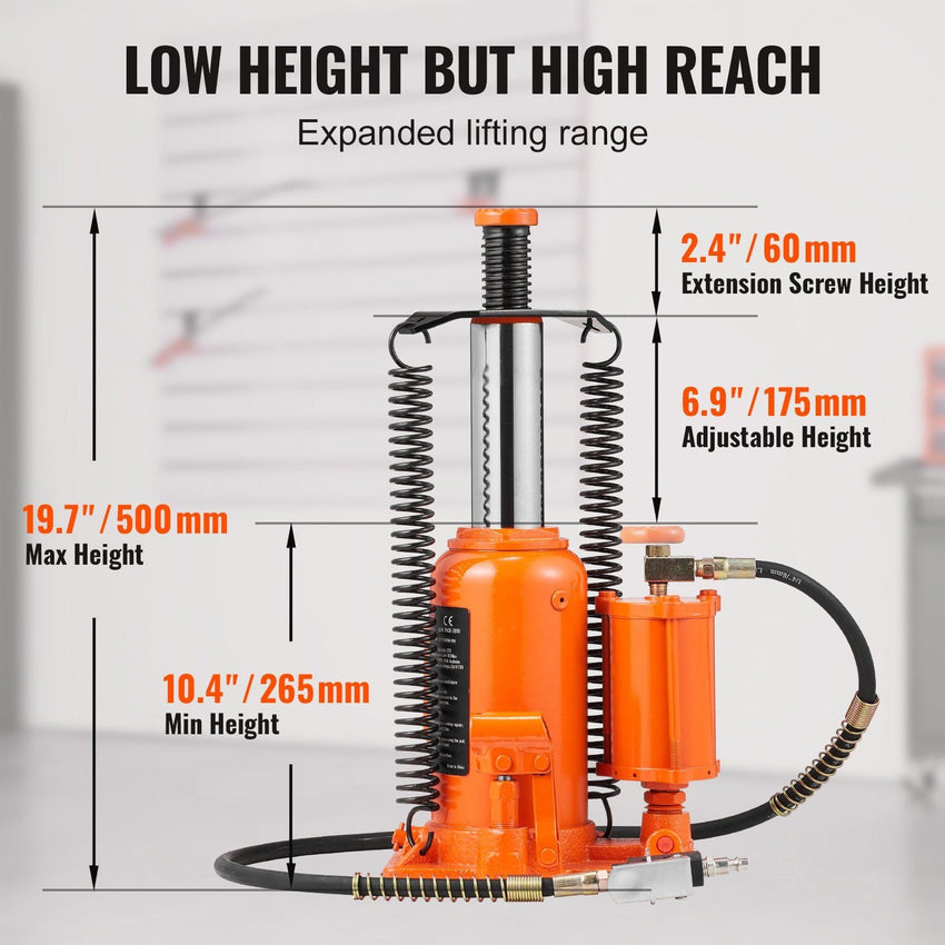 VEVOR Air Hydraulic Bottle Jack, 20 Ton/40000 LBS All Welded Bottle Jack, 10.4 - 19.7 inch Lifting Range, Manual Handle and Air Pump, for Car, Pickup, Truck, RV, Auto Repair, Industrial Engineering - 7DAY'S