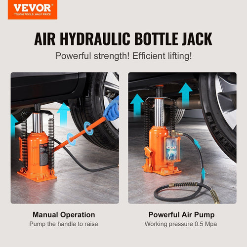 VEVOR Air Hydraulic Bottle Jack, 20 Ton/40000 LBS All Welded Bottle Jack, 10.4 - 19.7 inch Lifting Range, Manual Handle and Air Pump, for Car, Pickup, Truck, RV, Auto Repair, Industrial Engineering - 7DAY'S