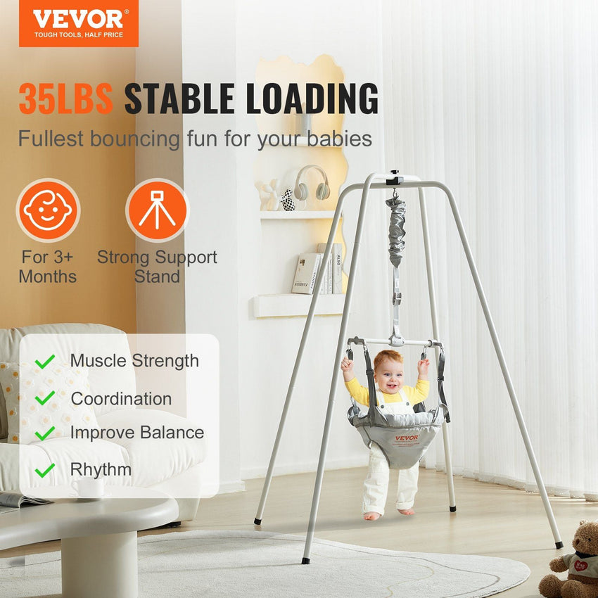 VEVOR Baby Jumper with Stand, Height - Adjustable Baby Jumpers and Bouncers, 35LBS Loading Toddler Infant Jumper for 3+ Months, Quick - Folding Indoor/Outdoor Jumper Exerciser Gift for Babies - 7DAY'S