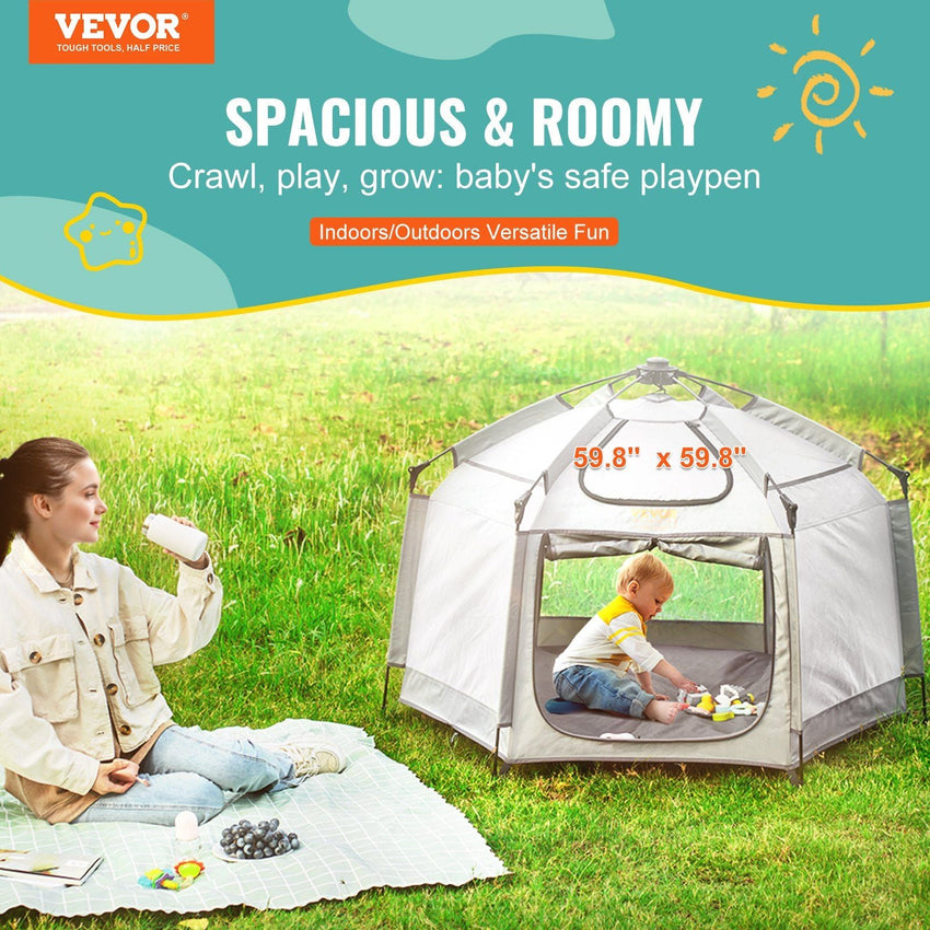 VEVOR Baby Playpen with Canopy, Indoor/Outdoor Portable Playpen for Babies and Toddler, Lightweight & Foldable, Pop Up Toddler Play Yard with 3 Sun - Shades & Travel Bag for Park Beach Home, 59.8"x59.8" - 7DAY'S