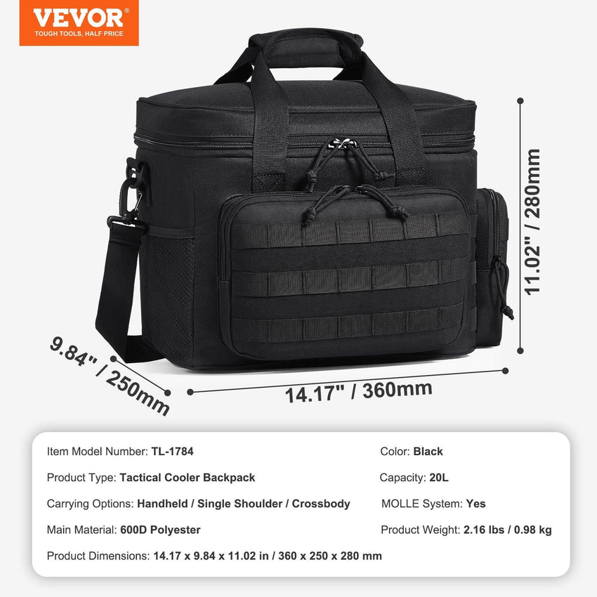 VEVOR Cooler Bag, 20L Insulated Lunch Bag with Molle Design and Multi - Pocket, 600D Cooler Lunch Box with Removable Storage Bags, Soft Cooler for Office, Picnic, Hiking, Beach or Beverage, Black - 7DAY'S