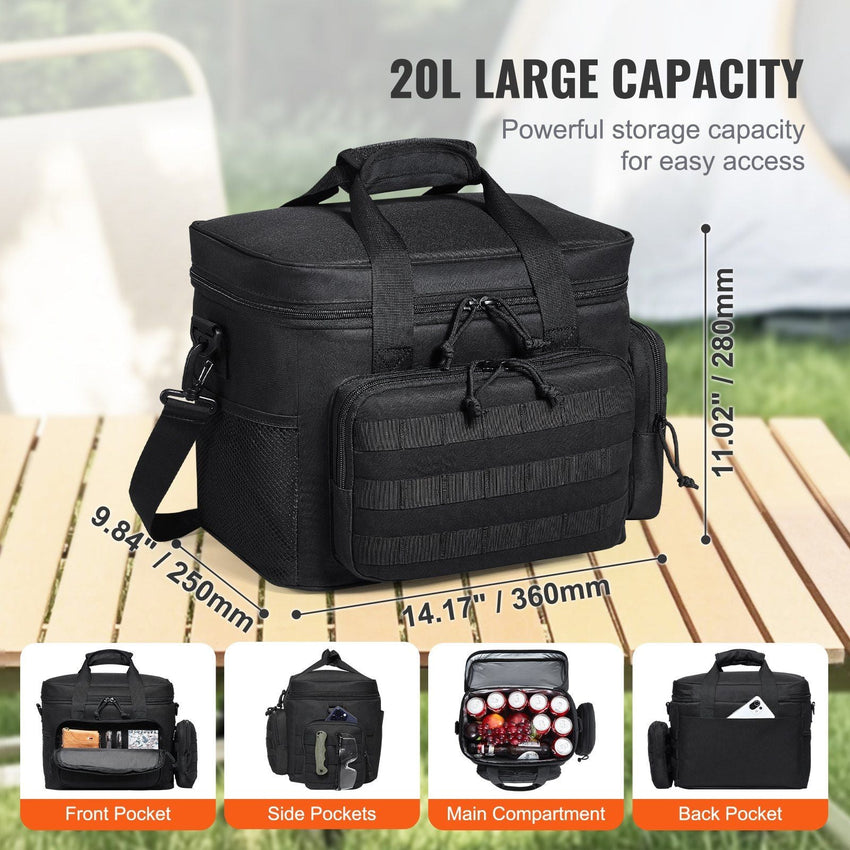 VEVOR Cooler Bag, 20L Insulated Lunch Bag with Molle Design and Multi - Pocket, 600D Cooler Lunch Box with Removable Storage Bags, Soft Cooler for Office, Picnic, Hiking, Beach or Beverage, Black - 7DAY'S