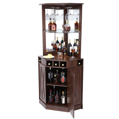 VEVOR Corner Industrial Bar Cabinet, Wine Table for Liquor & Glasses, Sideboard Buffet Cabinet with Glass Holder, Freestanding Farmhouse Wood Coffee Bar Cabinet for Living Room, Home Bar, Black Walnut - 7DAY'S