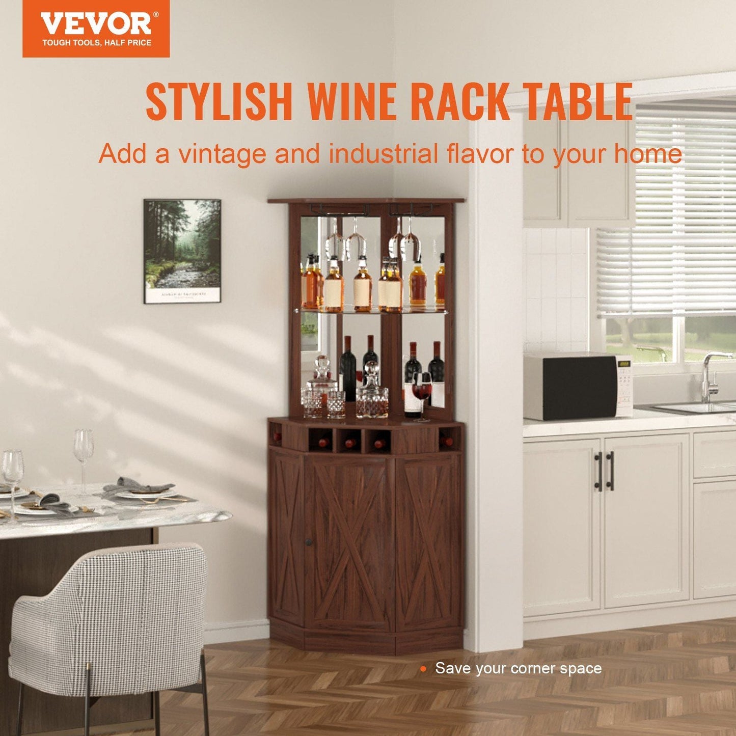 VEVOR Corner Industrial Bar Cabinet, Wine Table for Liquor & Glasses, Sideboard Buffet Cabinet with Glass Holder, Freestanding Farmhouse Wood Coffee Bar Cabinet for Living Room, Home Bar, Black Walnut - 7DAY'S