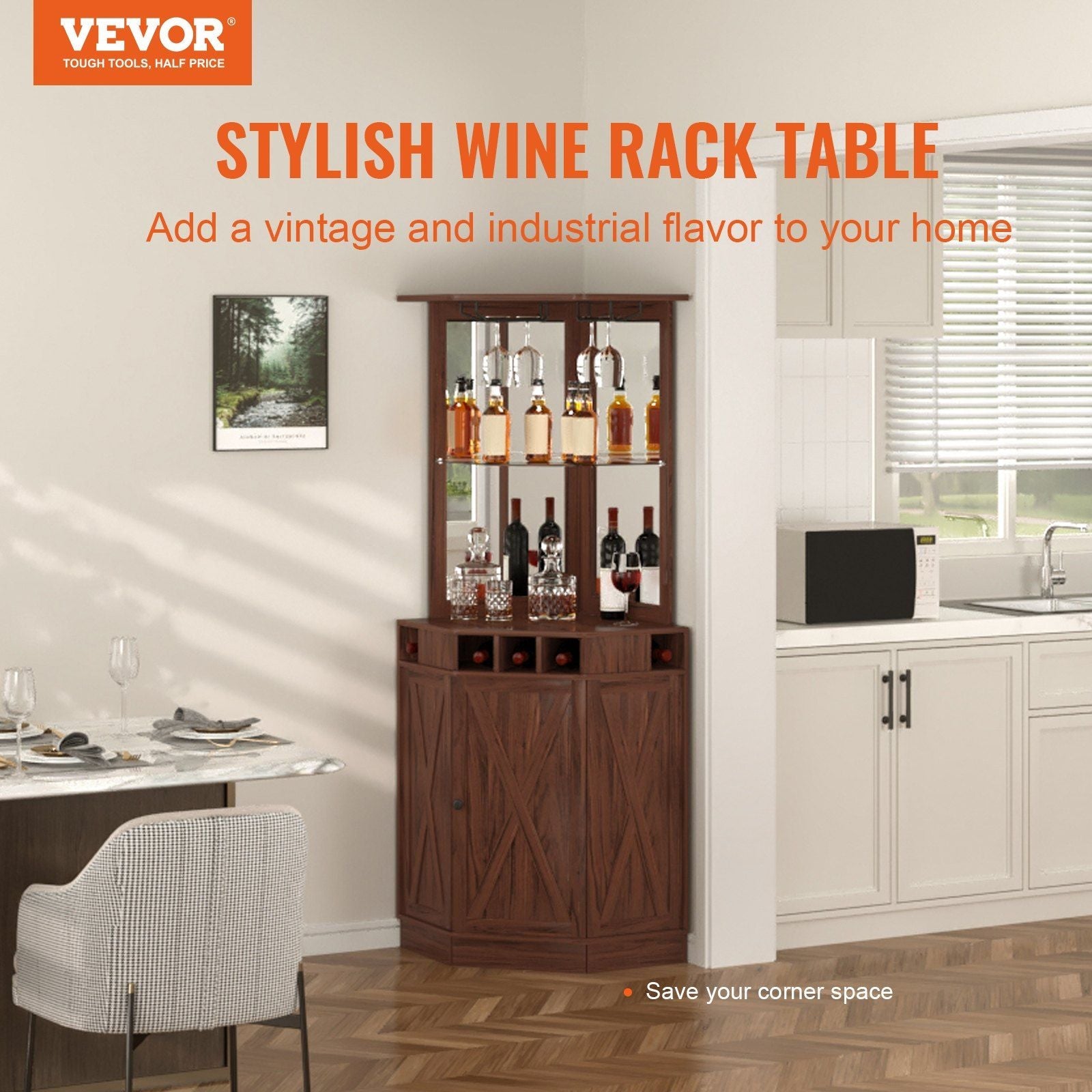VEVOR Corner Industrial Bar Cabinet, Wine Table for Liquor & Glasses, Sideboard Buffet Cabinet with Glass Holder, Freestanding Farmhouse Wood Coffee Bar Cabinet for Living Room, Home Bar, Black Walnut - 7DAY'S