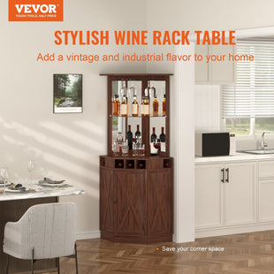 VEVOR Corner Industrial Bar Cabinet, Wine Table for Liquor & Glasses, Sideboard Buffet Cabinet with Glass Holder, Freestanding Farmhouse Wood Coffee Bar Cabinet for Living Room, Home Bar, Black Walnut - 7DAY'S