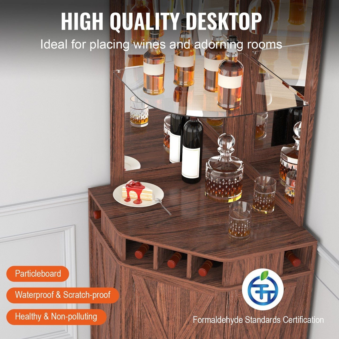 VEVOR Corner Industrial Bar Cabinet, Wine Table for Liquor & Glasses, Sideboard Buffet Cabinet with Glass Holder, Freestanding Farmhouse Wood Coffee Bar Cabinet for Living Room, Home Bar, Black Walnut - 7DAY'S