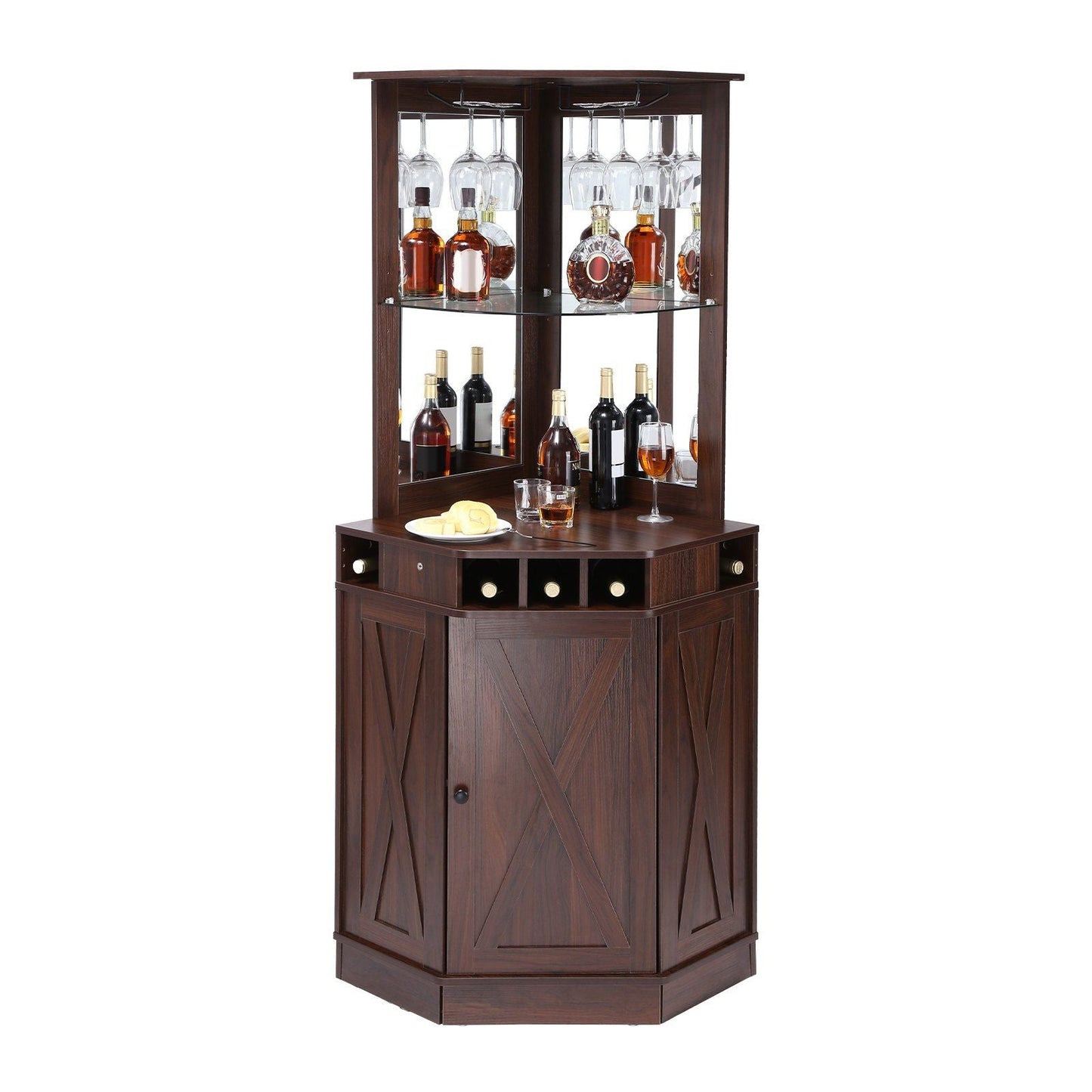 VEVOR Corner Industrial Bar Cabinet, Wine Table for Liquor & Glasses, Sideboard Buffet Cabinet with Glass Holder, Freestanding Farmhouse Wood Coffee Bar Cabinet for Living Room, Home Bar, Black Walnut - 7DAY'S