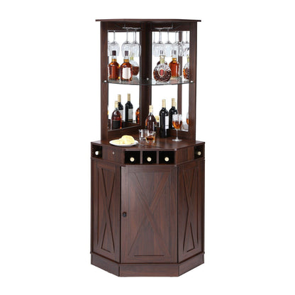 VEVOR Corner Industrial Bar Cabinet, Wine Table for Liquor & Glasses, Sideboard Buffet Cabinet with Glass Holder, Freestanding Farmhouse Wood Coffee Bar Cabinet for Living Room, Home Bar, Black Walnut - 7DAY'S