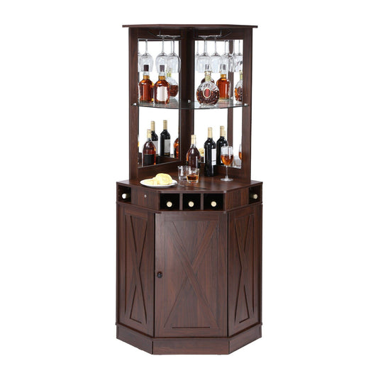 VEVOR Corner Industrial Bar Cabinet, Wine Table for Liquor & Glasses, Sideboard Buffet Cabinet with Glass Holder, Freestanding Farmhouse Wood Coffee Bar Cabinet for Living Room, Home Bar, Black Walnut - 7DAY'S