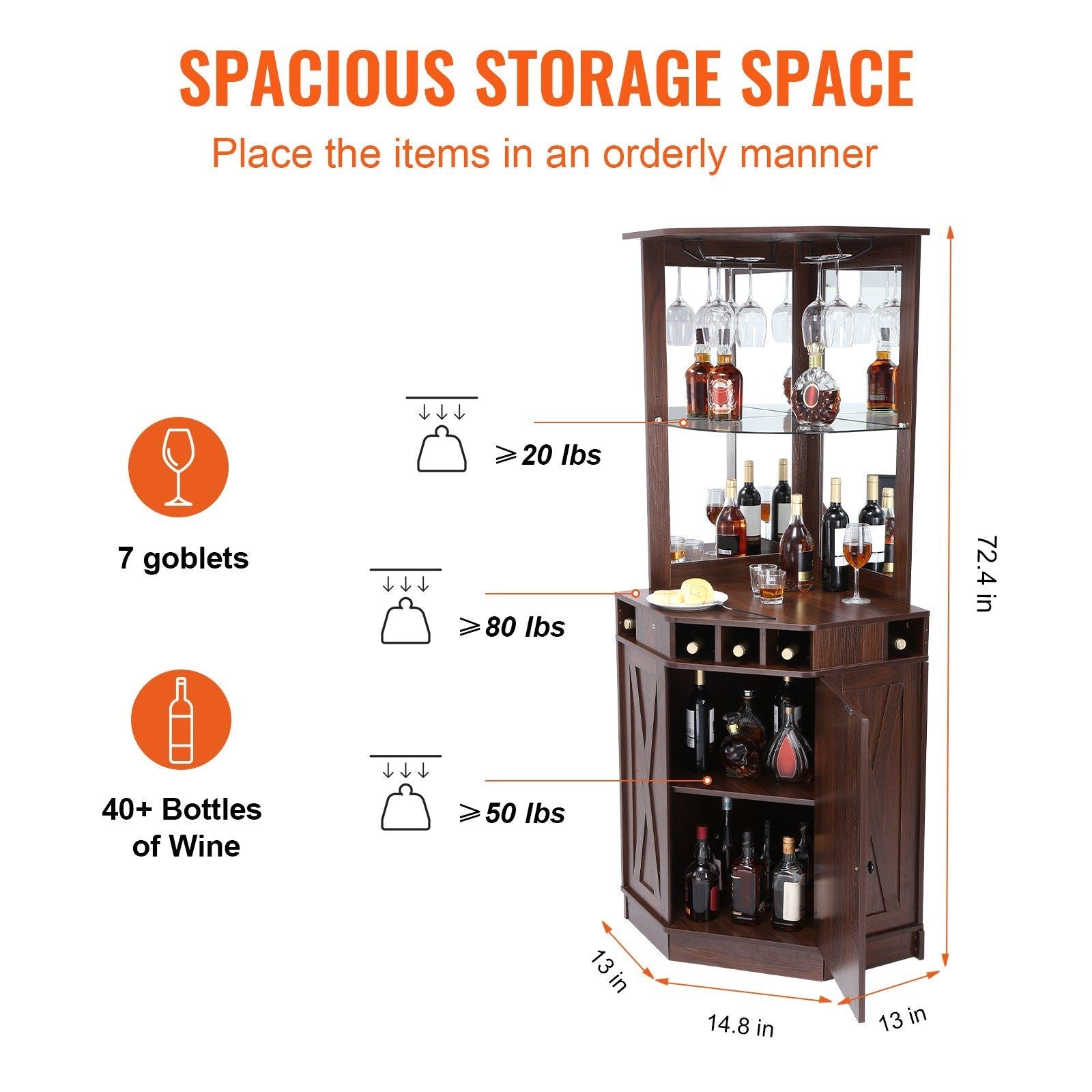 VEVOR Corner Industrial Bar Cabinet, Wine Table for Liquor & Glasses, Sideboard Buffet Cabinet with Glass Holder, Freestanding Farmhouse Wood Coffee Bar Cabinet for Living Room, Home Bar, Black Walnut - 7DAY'S