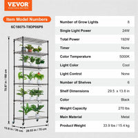 VEVOR DIY Plant Stand with Grow Lights 6 Tiers 192W 70.9" Tall Plant Grow Shelf - 7DAY'S