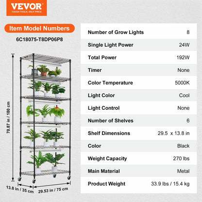 VEVOR DIY Plant Stand with Grow Lights 6 Tiers 192W 70.9" Tall Plant Grow Shelf - 7DAY'S