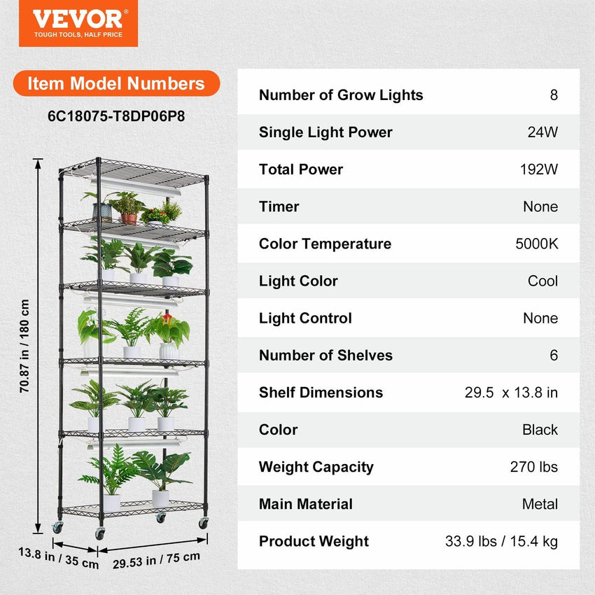 VEVOR DIY Plant Stand with Grow Lights 6 Tiers 192W 70.9" Tall Plant Grow Shelf - 7DAY'S