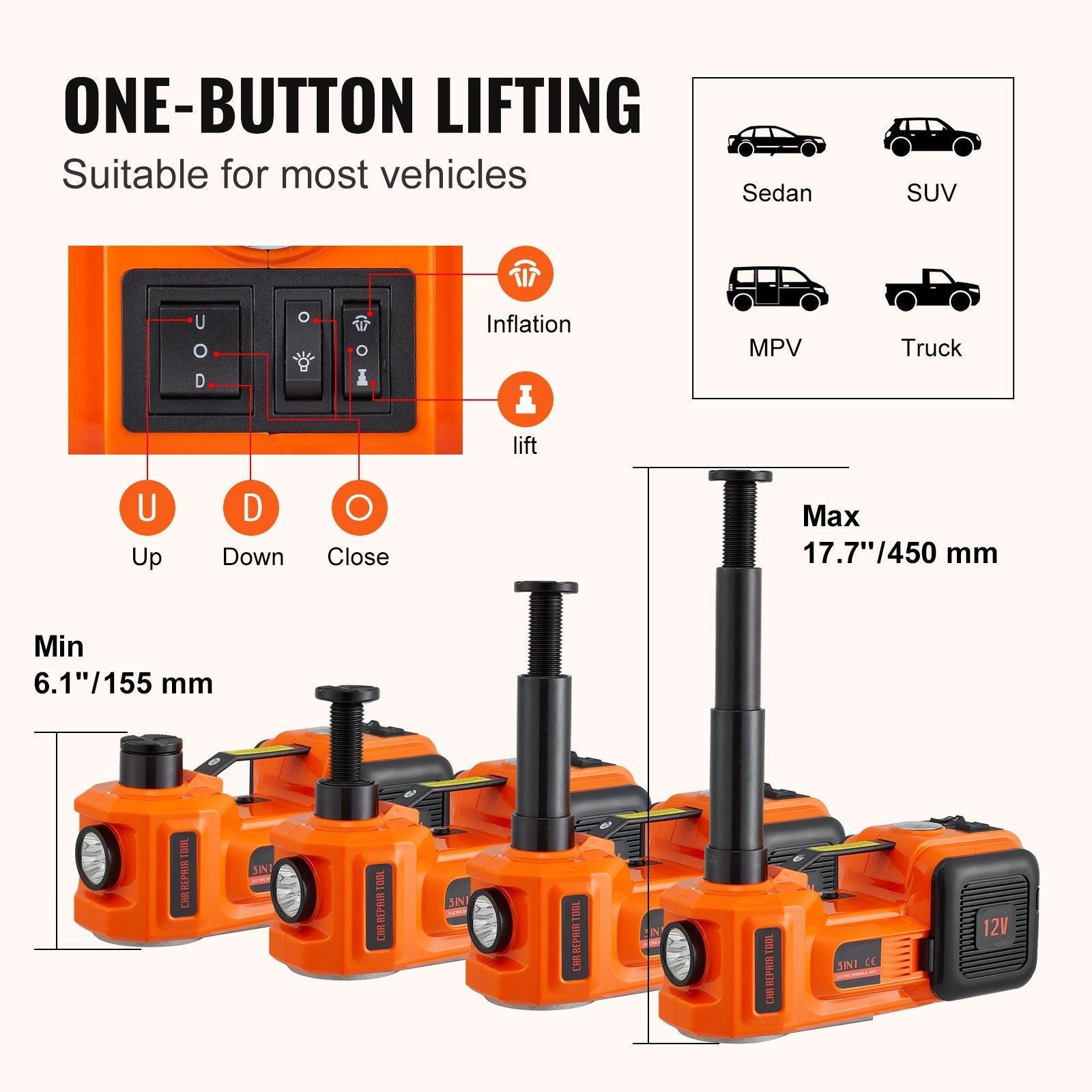 VEVOR Electric Car Jack, 5 Ton/11023 LBS Hydraulic Jack with Electric Impact Wrench, Portable Car Lift with Built - in Inflatable Pump, and LED Light for SUV MPV Sedan Truck Change Tires Garage Repair - 7DAY'S