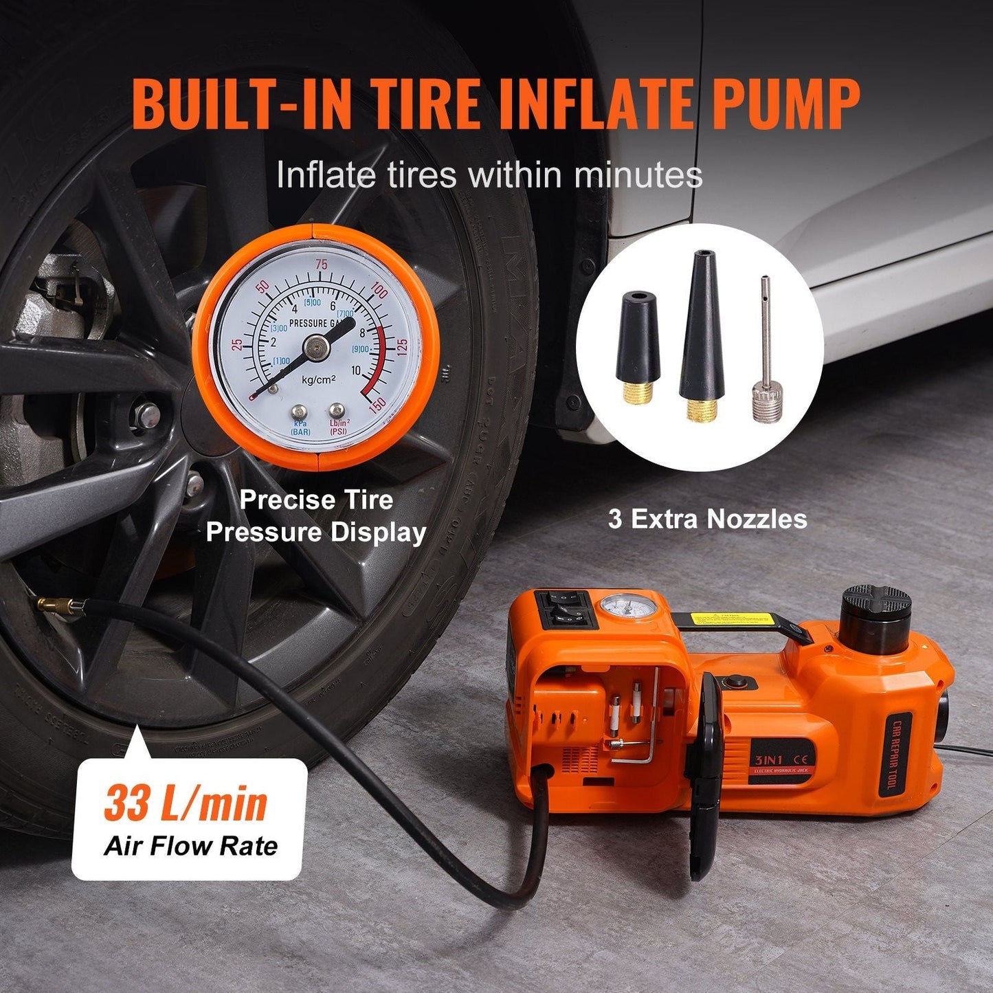 VEVOR Electric Car Jack, 5 Ton/11023 LBS Hydraulic Jack with Electric Impact Wrench, Portable Car Lift with Built - in Inflatable Pump, and LED Light for SUV MPV Sedan Truck Change Tires Garage Repair - 7DAY'S