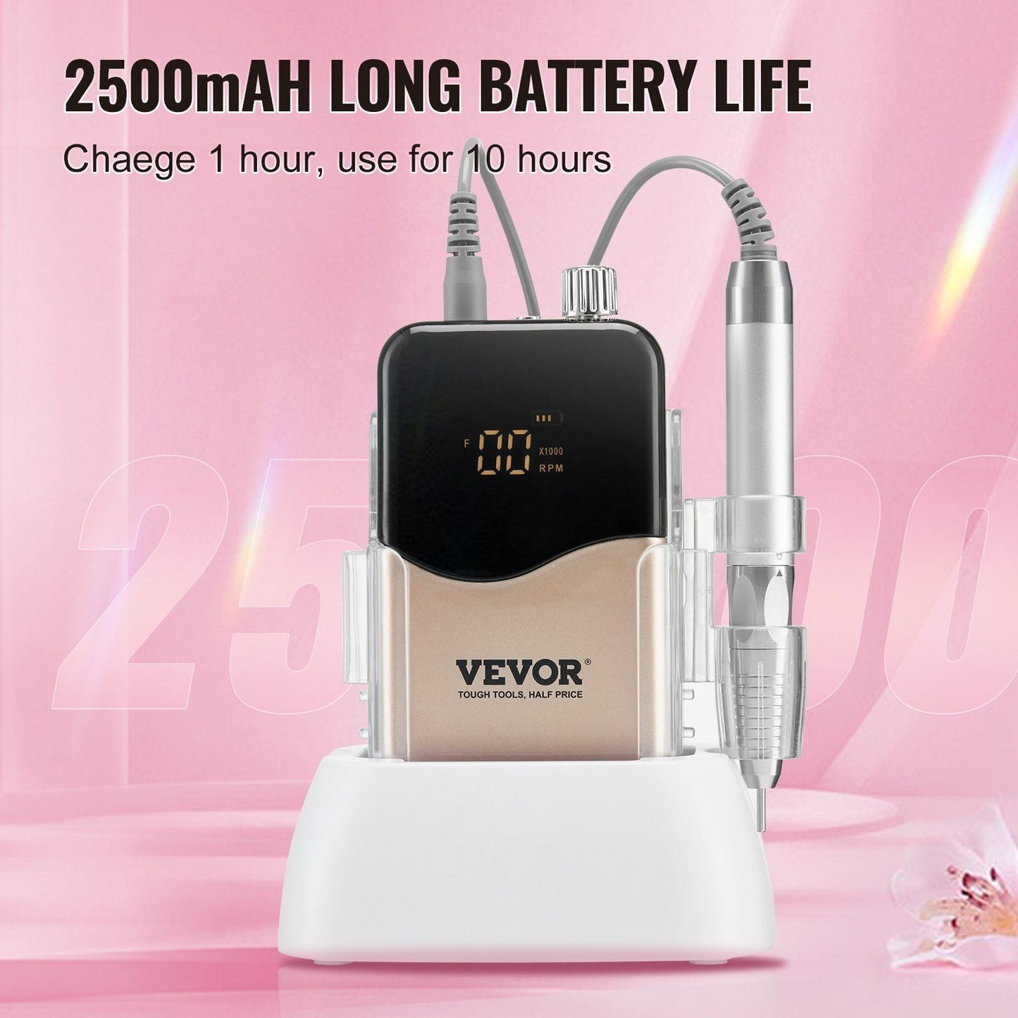 VEVOR Electric Cordless Nail Drill - with 35000RRM Brushless Motor and Charging Base, Rechargeable Nail E File Machine with 6 Bit & 50PCS Sanding Band for Acrylic Gel Nail, Manicure Pedicure Polishing - 7DAY'S