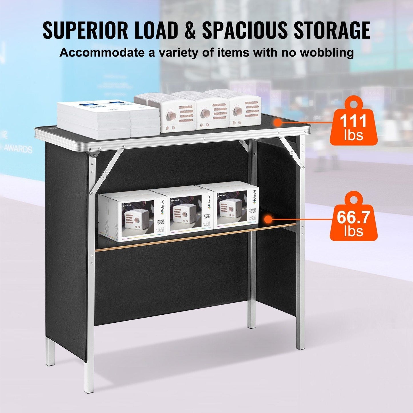 VEVOR Folding Portable Bar Table, Tradeshow Podium Table for Indoor, Outdoor, Party, Picnic, Exhibition, Includes Carrying Case, Storage Shelf and Black Skirt, 38.39" x 15.16" x 34.25" - 7DAY'S