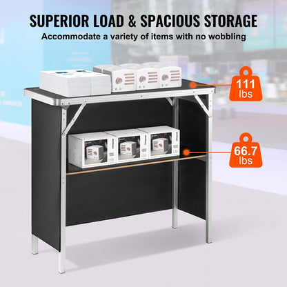 VEVOR Folding Portable Bar Table, Tradeshow Podium Table for Indoor, Outdoor, Party, Picnic, Exhibition, Includes Carrying Case, Storage Shelf and Black Skirt, 38.39" x 15.16" x 34.25" - 7DAY'S