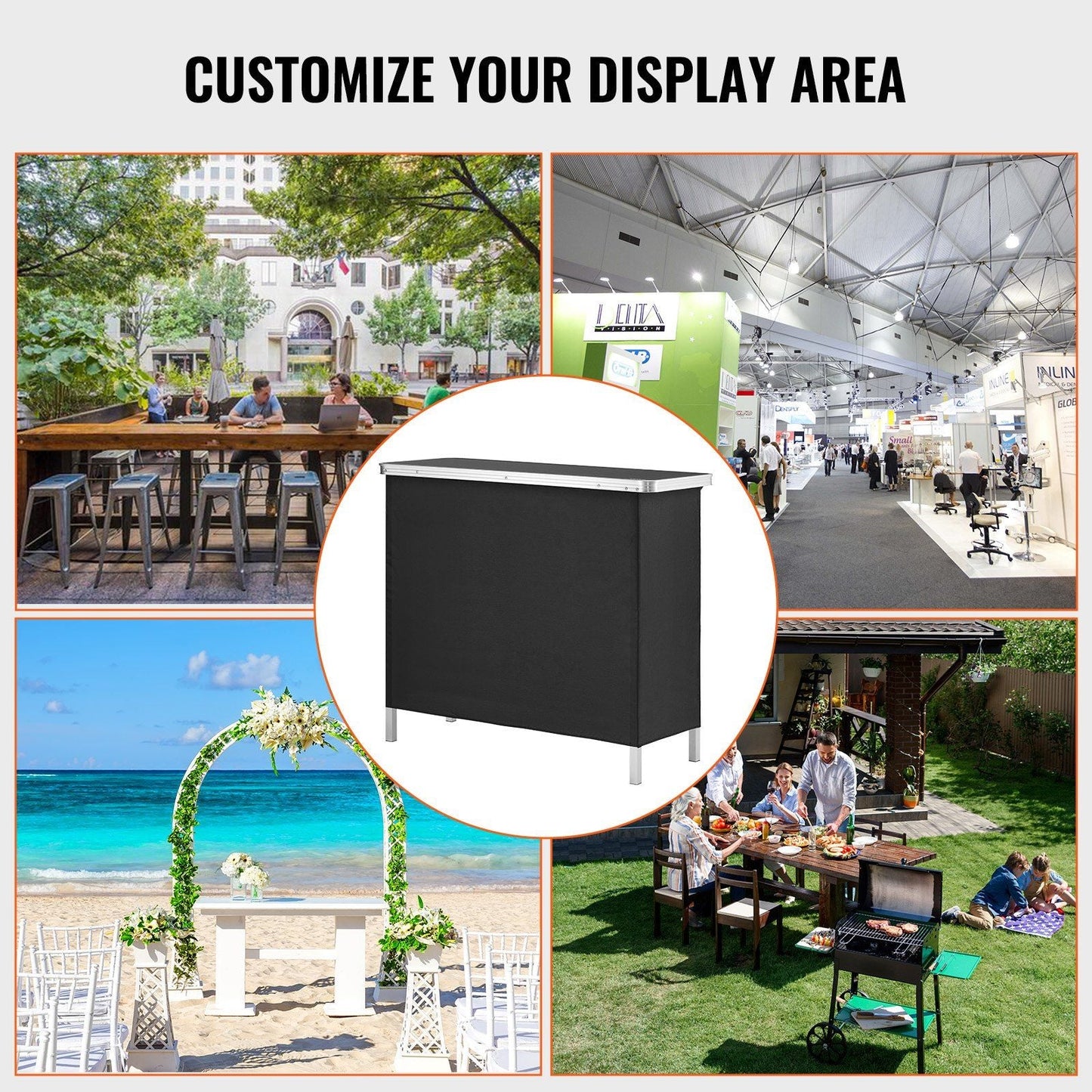 VEVOR Folding Portable Bar Table, Tradeshow Podium Table for Indoor, Outdoor, Party, Picnic, Exhibition, Includes Carrying Case, Storage Shelf and Black Skirt, 38.39" x 15.16" x 34.25" - 7DAY'S