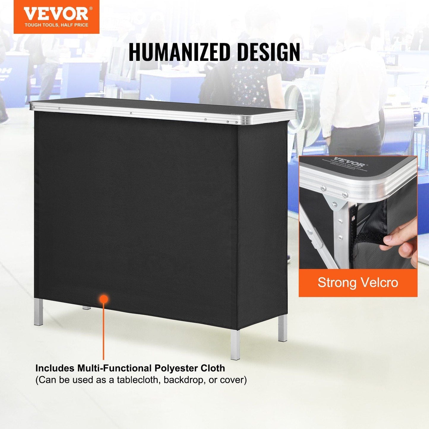 VEVOR Folding Portable Bar Table, Tradeshow Podium Table for Indoor, Outdoor, Party, Picnic, Exhibition, Includes Carrying Case, Storage Shelf and Black Skirt, 38.39" x 15.16" x 34.25" - 7DAY'S