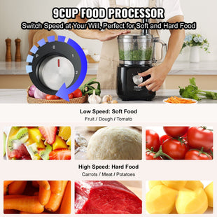 VEVOR Food Processor, 9 - Cup Vegetable Chopper for Chopping, Slicing, Shredding, Puree, and Kneading, 600 Watts Stainless Steel Blade Professional Electric Food Chopper, Easy Assembly & Clean, Black - 7DAY'S