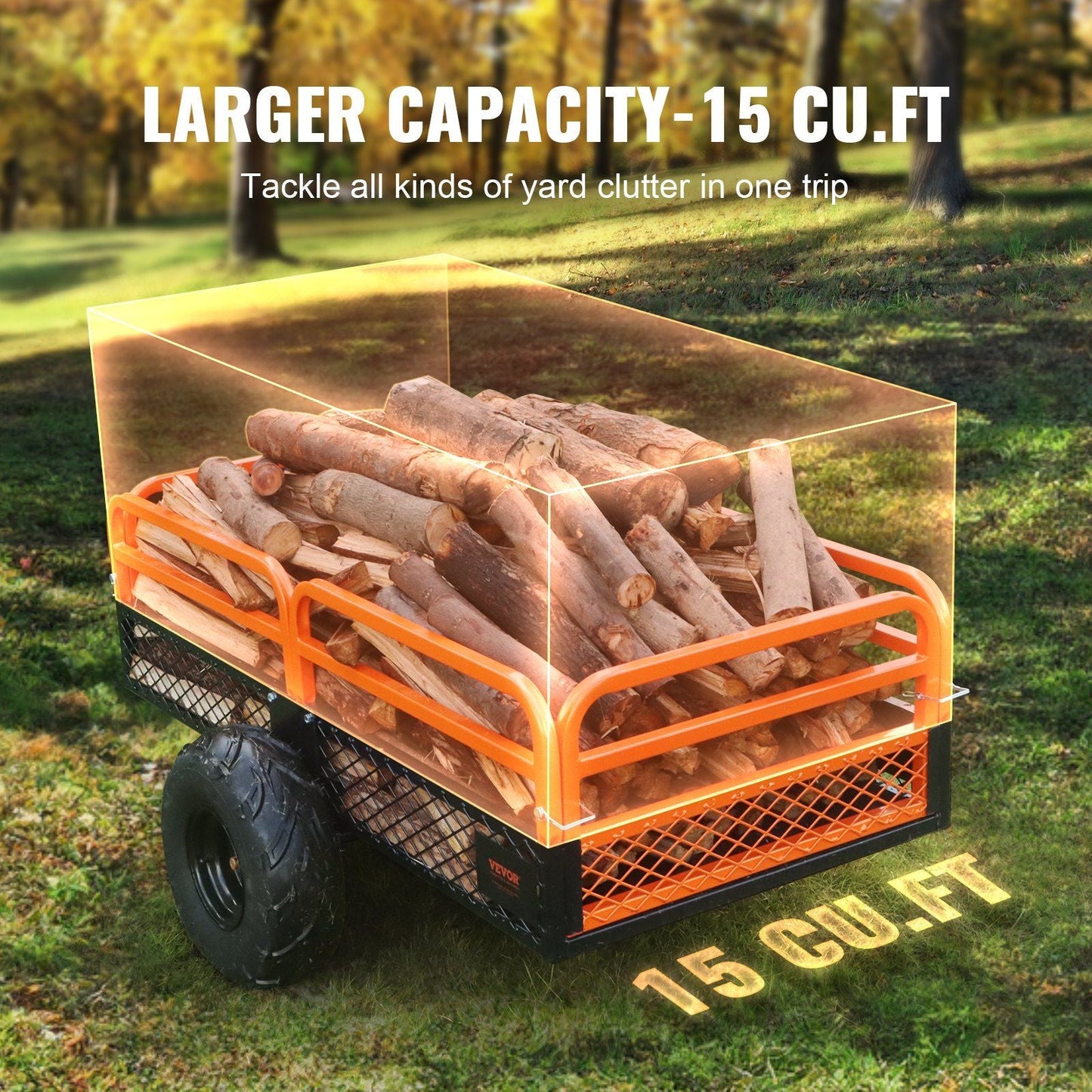 VEVOR Heavy Duty Steel ATV Dump Trailer, 1500 - Pound Load Capacity 15 Cubic Feet, Tow Behind Dump Cart Garden Trailer, with Removable Sides and 2 Tires, for Mowers, Tractors, ATV, UTV - 7DAY'S