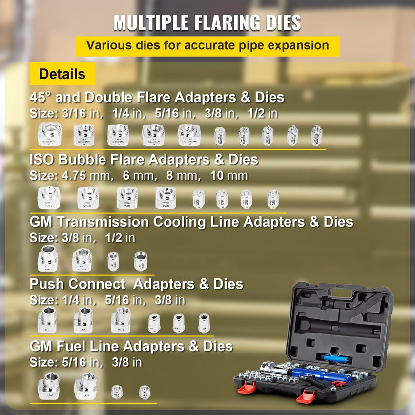 VEVOR Hydraulic Flaring Tool Kit, 45° Double Flaring Tool, Brake Repair Brake Flaring Tools for 3/16" - 1/2", Brake Flare Tool with Tube Cutter and Deburrer, 32 PCS Tube Flaring Tools for Copper Lines - 7DAY'S