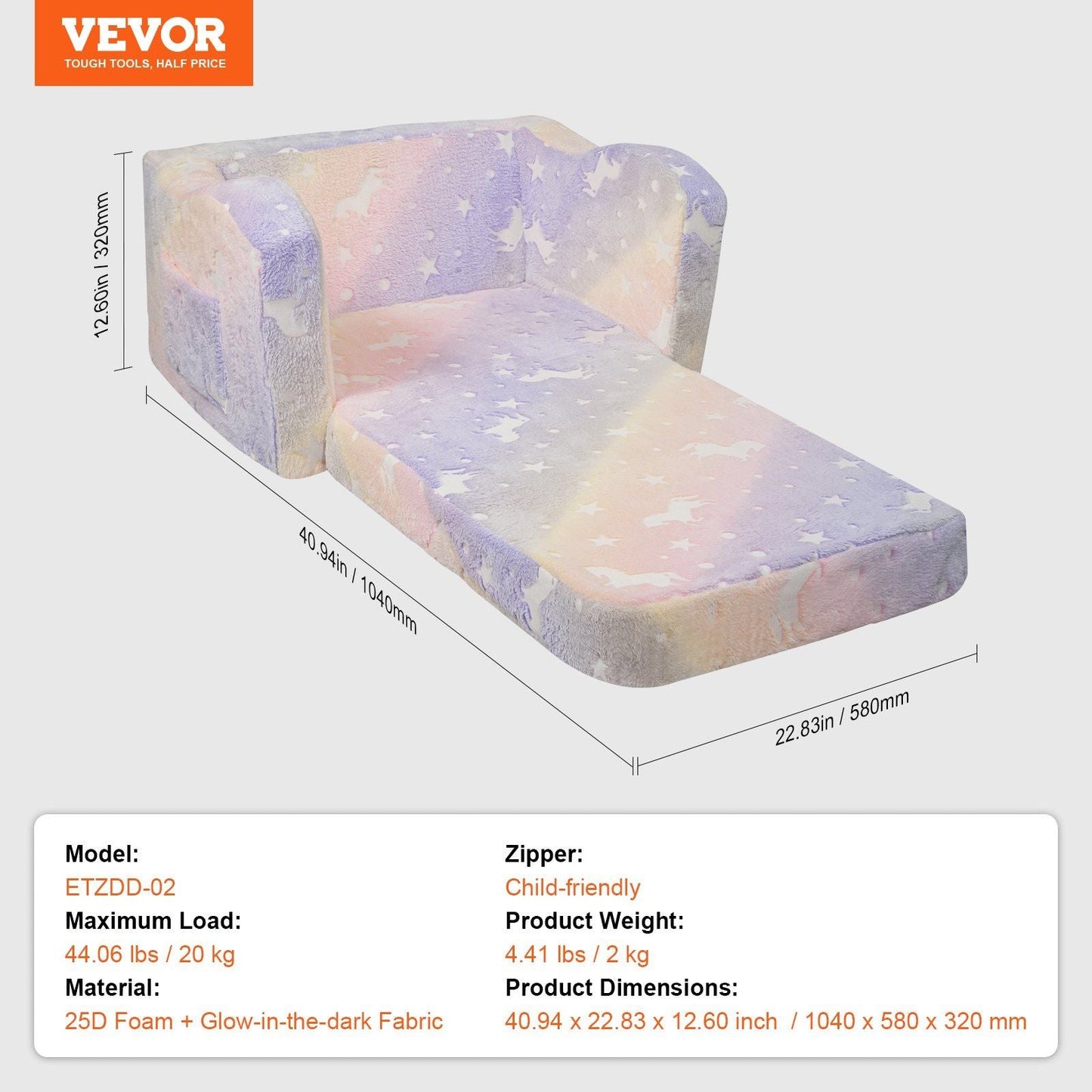 VEVOR Kids Couch, 2 - in - 1 Toddler Chairs Comfy, Toddler Couch Sofa Bed Fold Out, Convertible Sofa to Lounger, Kids Chair Seat Playroom Furniture for Kids Girls & Boys, Rainbow - 7DAY'S