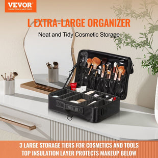 VEVOR Makeup Train Case Large Storage 3 Tiers, Convenient Carry With Handle, Strap, Professional Waterproof Oxford Makeup Storage Organizer Box, Heavy Duty Make Up Carrier, Black - 7DAY'S