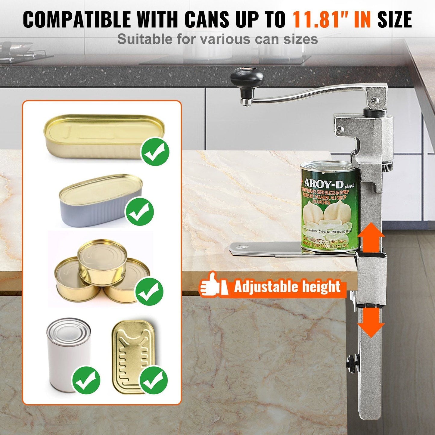 VEVOR Manual Can Opener, Commercial Table Opener for Large Cans, Heavy Duty Can Opener with Base, Adjustable Height Industrial Jar Opener For Cans Up to 11.8" Tall, for Restaurant Hotel Home Bar - 7DAY'S