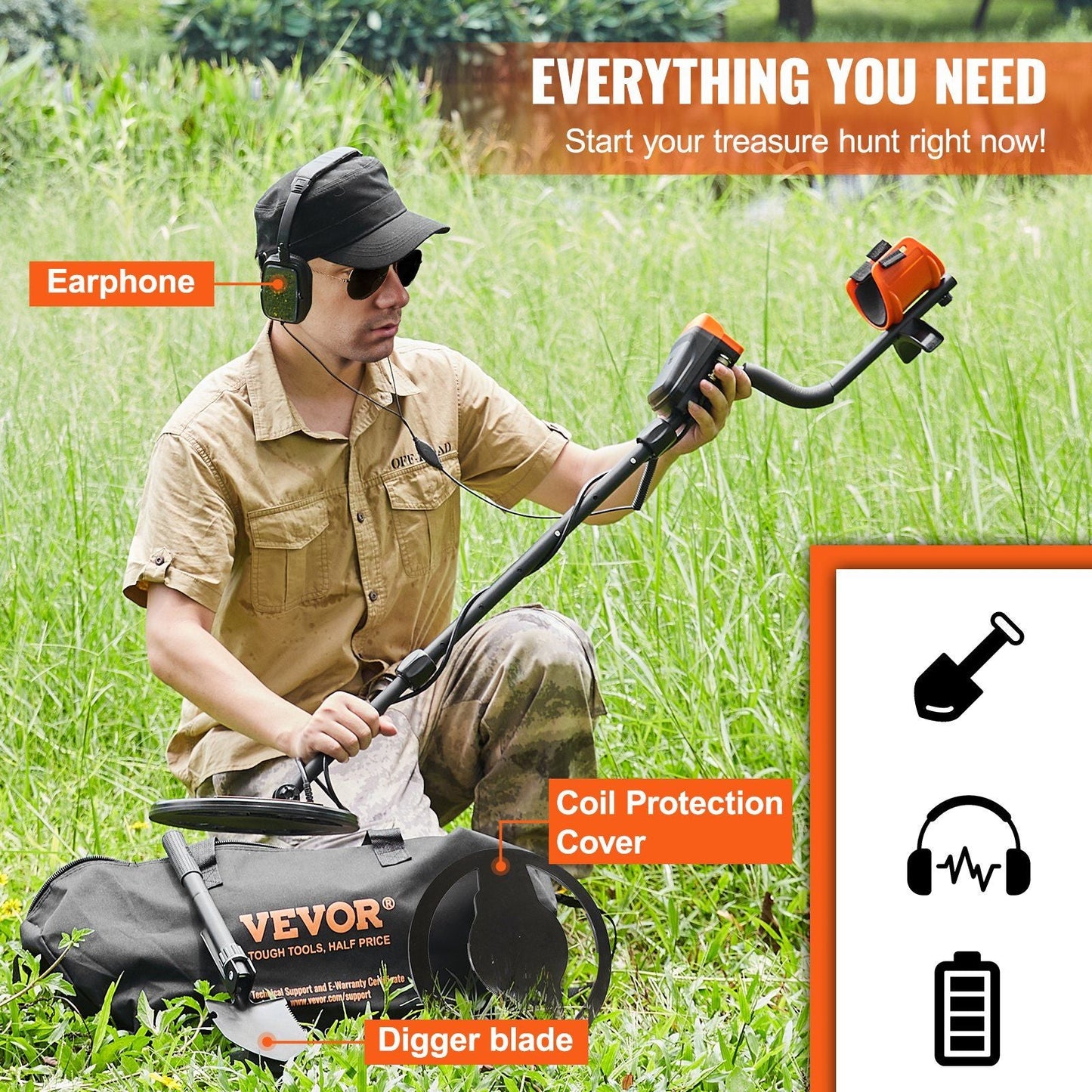 VEVOR Metal Detector for Adults & Kids, 10 Inch Waterproof Search Coil with LCD Display 7 Modes, Adjustable 41'' - 52'' Aluminum Stem, DSP Chip Higher Accuracy Gold Detector 10'' Detection Depth - 7DAY'S