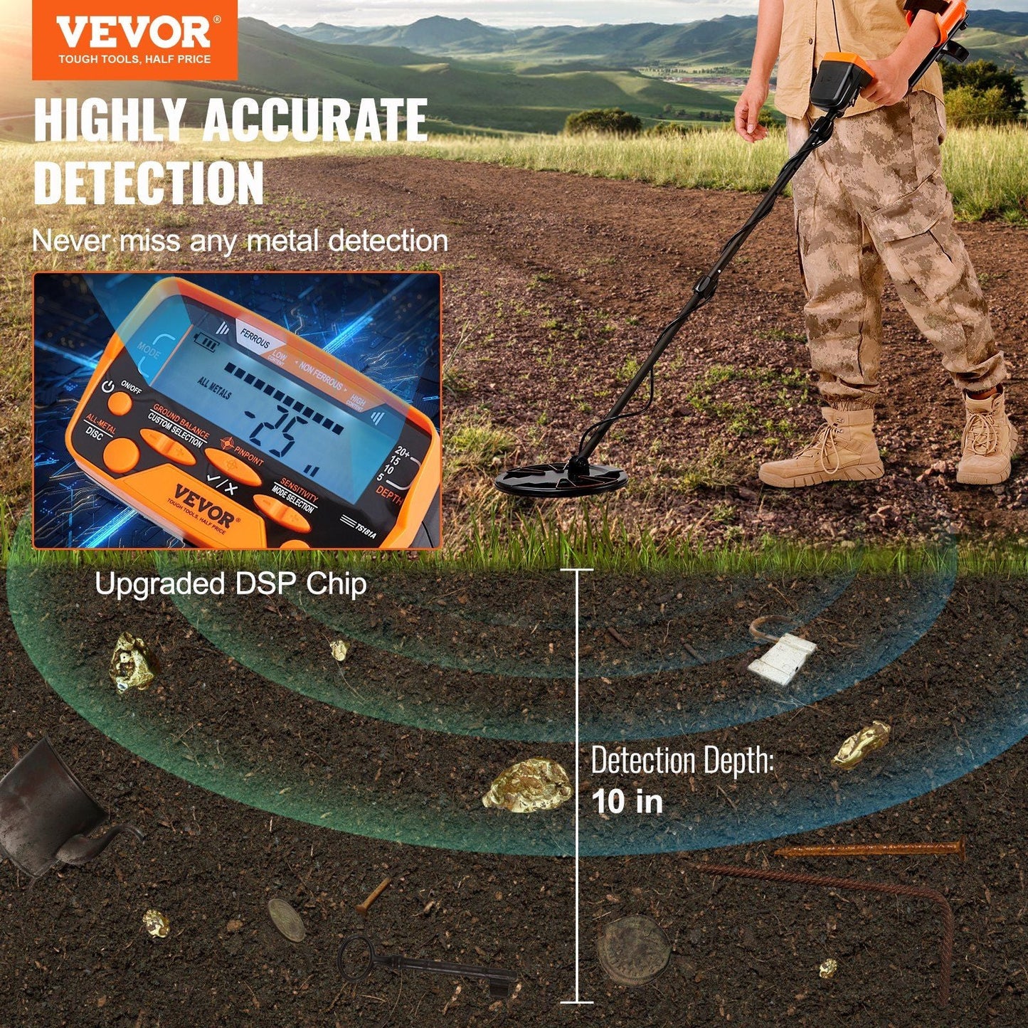 VEVOR Metal Detector for Adults & Kids, 10 Inch Waterproof Search Coil with LCD Display 7 Modes, Adjustable 41'' - 52'' Aluminum Stem, DSP Chip Higher Accuracy Gold Detector 10'' Detection Depth - 7DAY'S