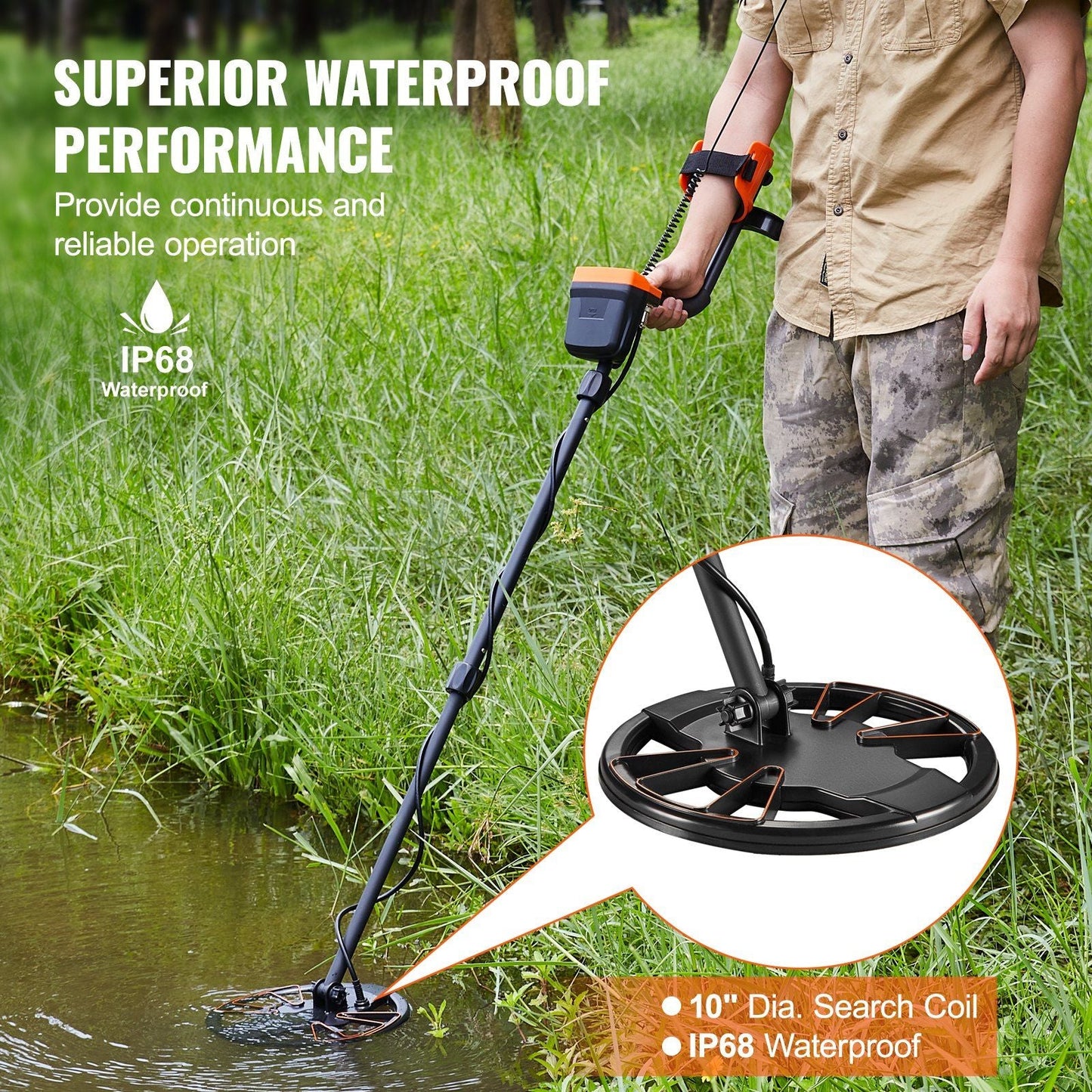 VEVOR Metal Detector for Adults & Kids, 10 Inch Waterproof Search Coil with LCD Display 7 Modes, Adjustable 41'' - 52'' Aluminum Stem, DSP Chip Higher Accuracy Gold Detector 10'' Detection Depth - 7DAY'S