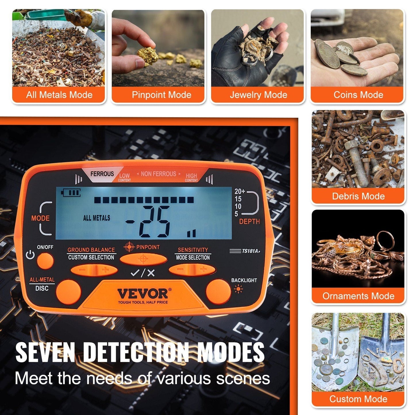 VEVOR Metal Detector for Adults & Kids, 10 Inch Waterproof Search Coil with LCD Display 7 Modes, Adjustable 41'' - 52'' Aluminum Stem, DSP Chip Higher Accuracy Gold Detector 10'' Detection Depth - 7DAY'S