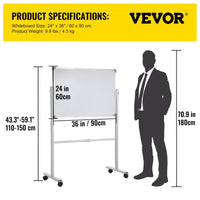 VEVOR Mobile Magnetic Whiteboard, 36 x 24 Inch, Double Sided, 360 Degree Reversible Rolling Dry Erase Board, Height Adjustable with Aluminum Frame and Lockable Swivel Wheels, for Office School Home - 7DAY'S