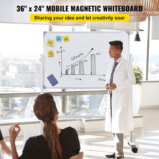 VEVOR Mobile Magnetic Whiteboard, 36 x 24 Inch, Double Sided, 360 Degree Reversible Rolling Dry Erase Board, Height Adjustable with Aluminum Frame and Lockable Swivel Wheels, for Office School Home - 7DAY'S