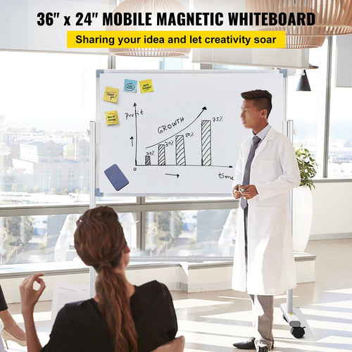 VEVOR Mobile Magnetic Whiteboard, 36 x 24 Inch, Double Sided, 360 Degree Reversible Rolling Dry Erase Board, Height Adjustable with Aluminum Frame and Lockable Swivel Wheels, for Office School Home - 7DAY'S