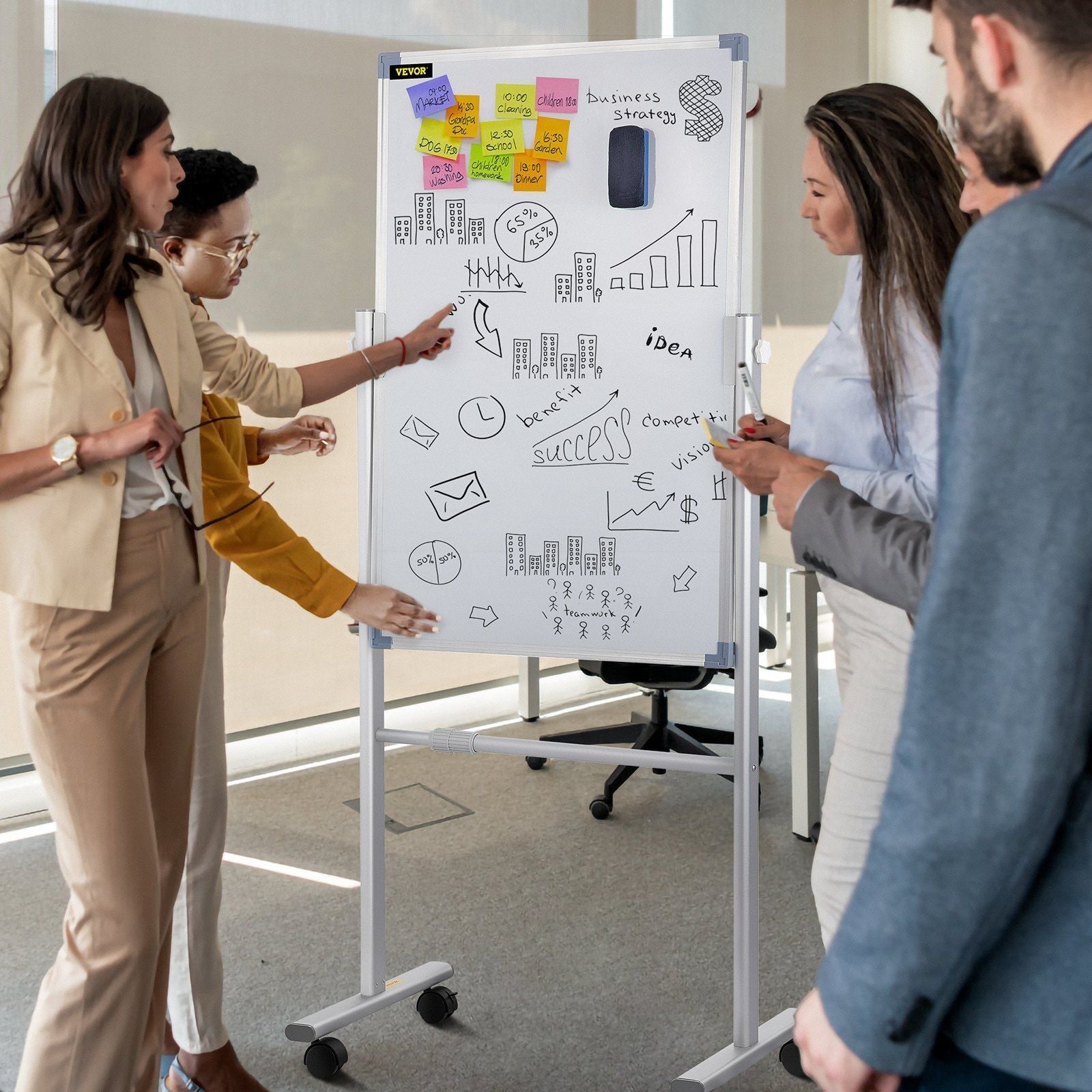 VEVOR Mobile Magnetic Whiteboard, 36 x 24 Inch, Double Sided, 360 Degree Reversible Rolling Dry Erase Board, Height Adjustable with Aluminum Frame and Lockable Swivel Wheels, for Office School Home - 7DAY'S