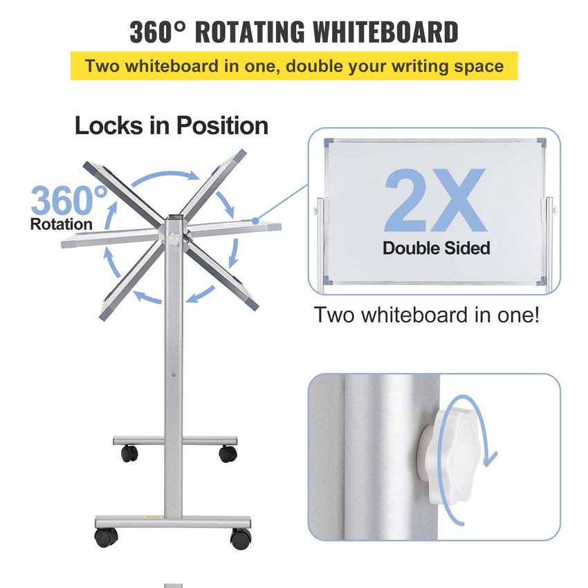 VEVOR Mobile Magnetic Whiteboard, 36 x 24 Inch, Double Sided, 360 Degree Reversible Rolling Dry Erase Board, Height Adjustable with Aluminum Frame and Lockable Swivel Wheels, for Office School Home - 7DAY'S
