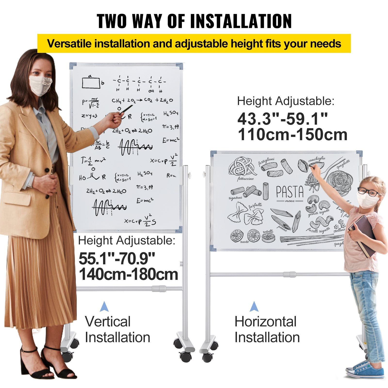 VEVOR Mobile Magnetic Whiteboard, 36 x 24 Inch, Double Sided, 360 Degree Reversible Rolling Dry Erase Board, Height Adjustable with Aluminum Frame and Lockable Swivel Wheels, for Office School Home - 7DAY'S