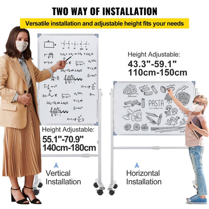 VEVOR Mobile Magnetic Whiteboard, 36 x 24 Inch, Double Sided, 360 Degree Reversible Rolling Dry Erase Board, Height Adjustable with Aluminum Frame and Lockable Swivel Wheels, for Office School Home - 7DAY'S