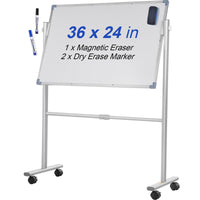 VEVOR Mobile Magnetic Whiteboard, 36 x 24 Inch, Double Sided, 360 Degree Reversible Rolling Dry Erase Board, Height Adjustable with Aluminum Frame and Lockable Swivel Wheels, for Office School Home - 7DAY'S