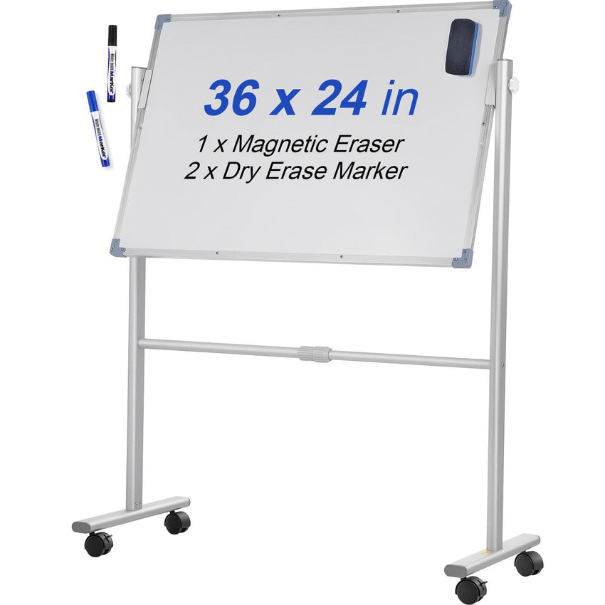 VEVOR Mobile Magnetic Whiteboard, 36 x 24 Inch, Double Sided, 360 Degree Reversible Rolling Dry Erase Board, Height Adjustable with Aluminum Frame and Lockable Swivel Wheels, for Office School Home - 7DAY'S