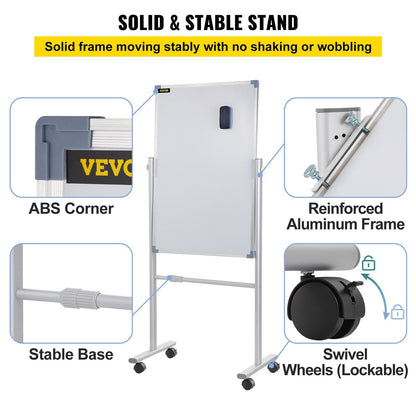 VEVOR Mobile Magnetic Whiteboard, 36 x 24 Inch, Double Sided, 360 Degree Reversible Rolling Dry Erase Board, Height Adjustable with Aluminum Frame and Lockable Swivel Wheels, for Office School Home - 7DAY'S