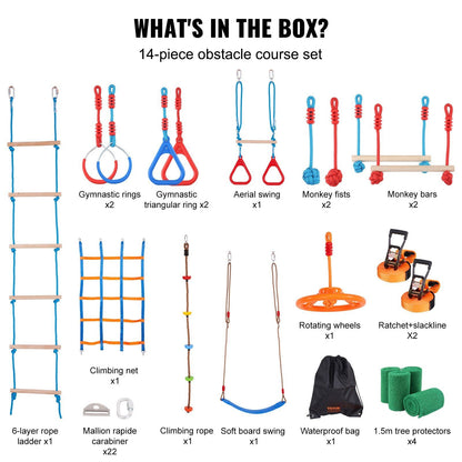 VEVOR Ninja Warrior Obstacle Course for Kids, 2 x 60 ft Weatherproof Slacklines, 500lbs Weight Capacity Monkey Line, Outdoor Playset Equipment, Backyard Toys Training Equipment Set with 14 Obstacles - 7DAY'S