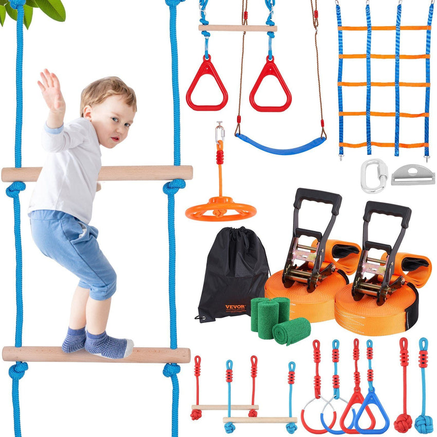 VEVOR Ninja Warrior Obstacle Course for Kids, 2 x 60 ft Weatherproof Slacklines, 500lbs Weight Capacity Monkey Line, Outdoor Playset Equipment, Backyard Toys Training Equipment Set with 14 Obstacles - 7DAY'S