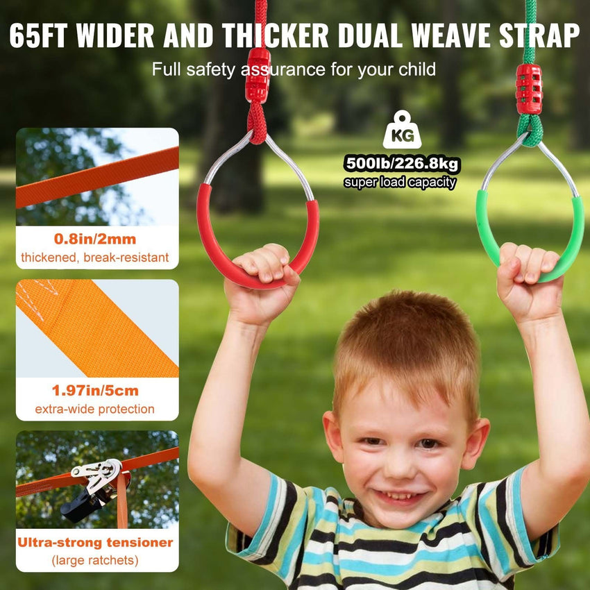 VEVOR Ninja Warrior Obstacle Course for Kids, 2 x 65 ft Weatherproof Slacklines, 500lbs Weight Capacity Monkey Line, Outdoor Playset Equipment, Backyard Toys Training Equipment Set with 12 Obstacles - 7DAY'S