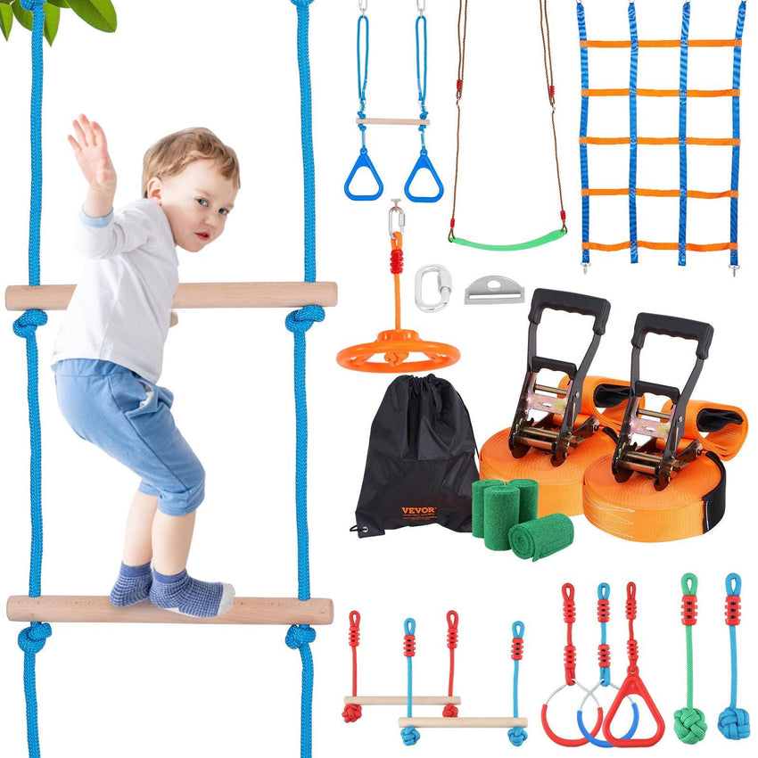 VEVOR Ninja Warrior Obstacle Course for Kids, 2 x 65 ft Weatherproof Slacklines, 500lbs Weight Capacity Monkey Line, Outdoor Playset Equipment, Backyard Toys Training Equipment Set with 12 Obstacles - 7DAY'S